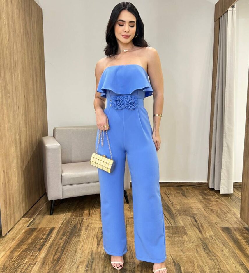 Macacão Longo sem Bojo Tomara Que Caia Cinto Detalhe em Flores Azul - Fernanda Ramos Store