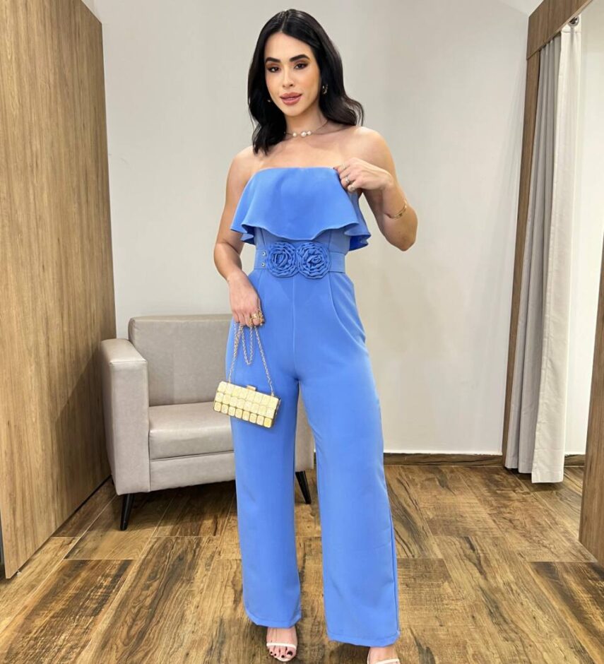 Macacão Longo sem Bojo Tomara Que Caia Cinto Detalhe em Flores Azul - Fernanda Ramos Store