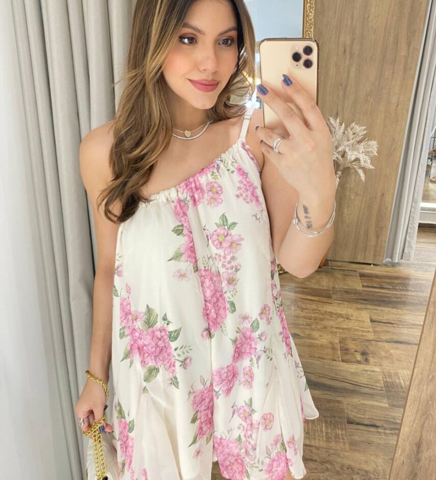 Macaquinho Feminino Lívia sem Bojo Nula Manga Estampa Floral Rosa - Fernanda Ramos Store