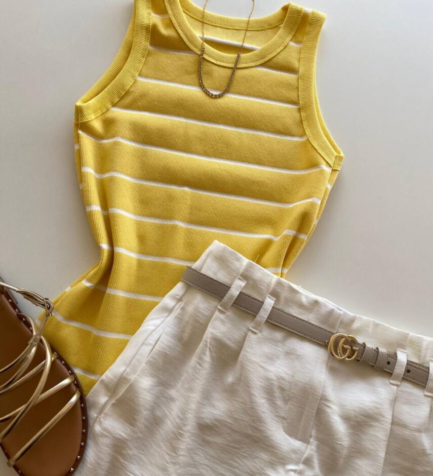 Regata Feminina Canelada Cléo Amarela Listrada - Fernanda Ramos Store