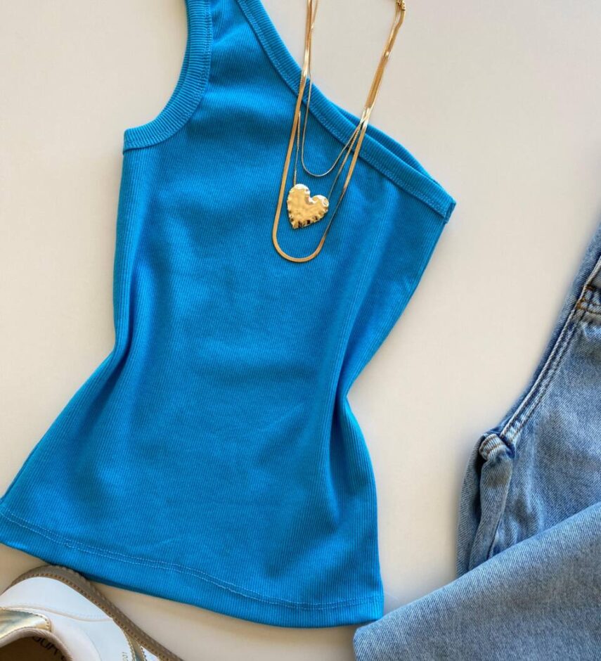 Regata Feminina Nula Manga Isabelly Canelada Azul - Fernanda Ramos Store