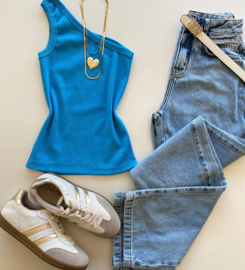 Regata Feminina Nula Manga Isabelly Canelada Azul - Fernanda Ramos Store