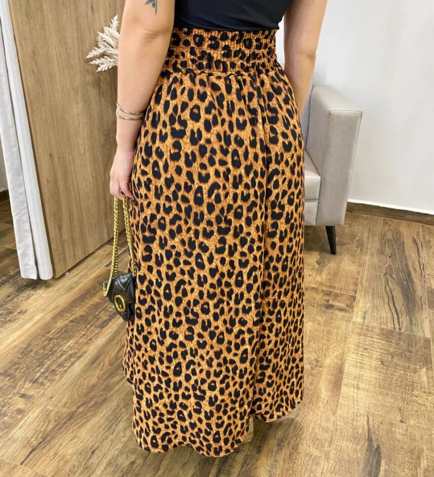 Saia Feminina Longa Luísa com Bolsos e Fenda Estampada Animal Print - Fernanda Ramos Store
