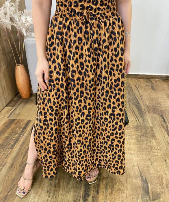 Saia Feminina Longa Luísa com Bolsos e Fenda Estampada Animal Print - Fernanda Ramos Store