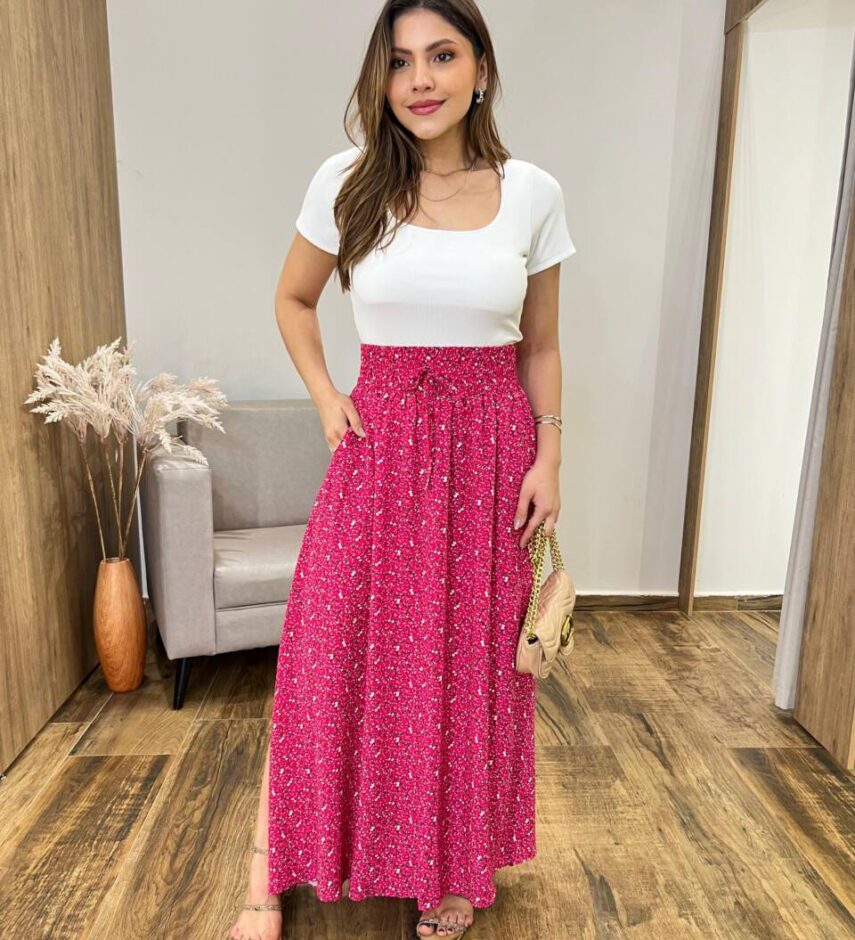 Saia Feminina Longa Luísa com Bolsos e Fenda Estampada Pink - Fernanda Ramos Store