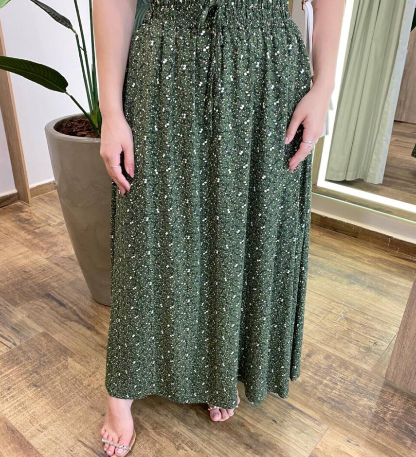 Saia Feminina Longa Luísa com Bolsos e Fenda Estampada Verde - Fernanda Ramos Store