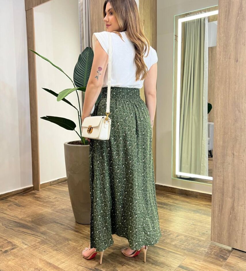 Saia Feminina Longa Luísa com Bolsos e Fenda Estampada Verde - Fernanda Ramos Store