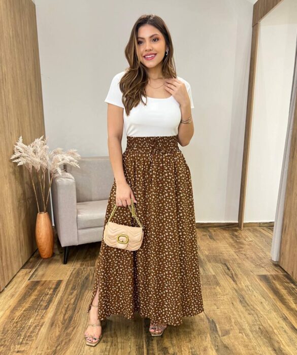 Saia Feminina Longa Luísa com Bolsos e Fenda Terra Estampada - Fernanda Ramos Store