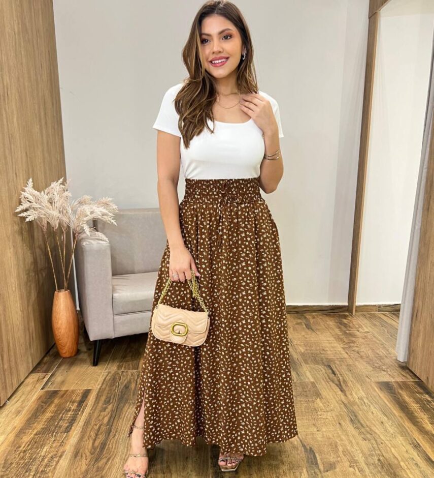 Saia Feminina Longa Luísa com Bolsos e Fenda Terra Estampada - Fernanda Ramos Store