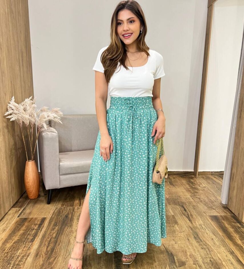 Saia Feminina Longa Luísa com Bolsos e Fenda Verde Água Estampada - Fernanda Ramos Store