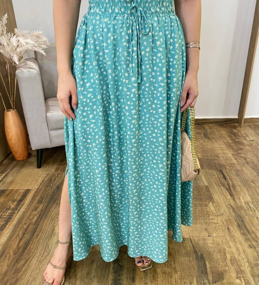 Saia Feminina Longa Luísa com Bolsos e Fenda Verde Água Estampada - Fernanda Ramos Store