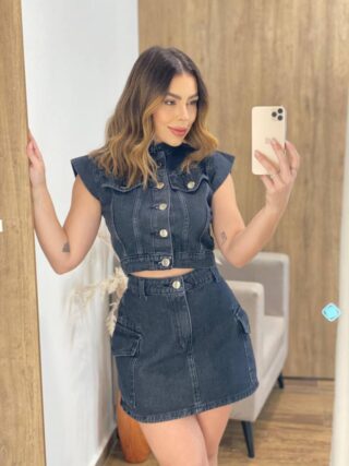 Saia Jeans Curta Pietra Cargo com Bolsos Preta - Fernanda Ramos Store