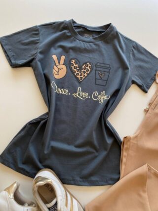 T-shirt Feminina Manga Curta Cinza Peace Love Coffee - Fernanda Ramos Store