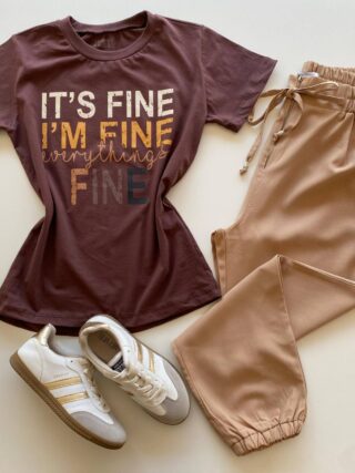 T-shirt Feminina Manga Curta Marrom It's Fine I'm Fine - Fernanda Ramos Store