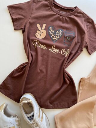 T-shirt Feminina Manga Curta Marrom Peace Love Coffee - Fernanda Ramos Store