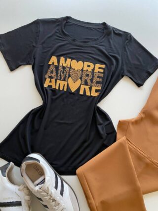 T-shirt Feminina Manga Curta Preta Amore com Detalhe - Fernanda Ramos Store