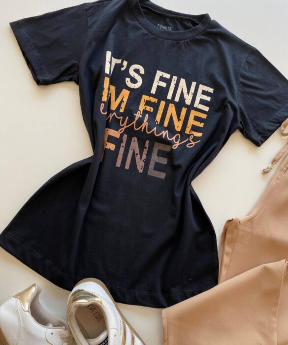 T-shirt Feminina Manga Curta Preta It's Fine I'm Fine - Fernanda Ramos Store