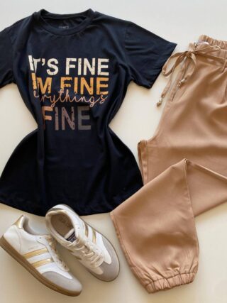 T-shirt Feminina Manga Curta Preta It's Fine I'm Fine - Fernanda Ramos Store