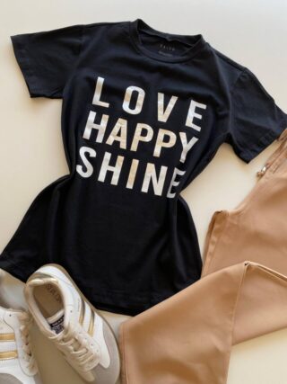 T-shirt Feminina Manga Curta Preta Love Happy Shine - Fernanda Ramos Store