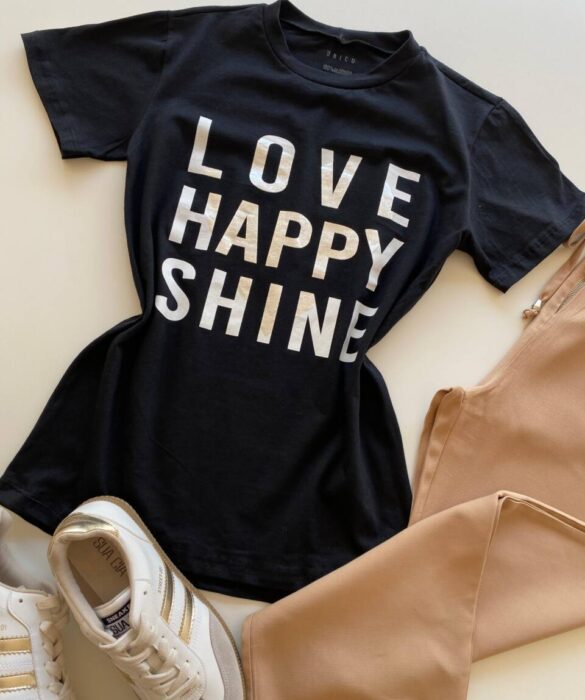 T-shirt Feminina Manga Curta Preta Love Happy Shine - Fernanda Ramos Store