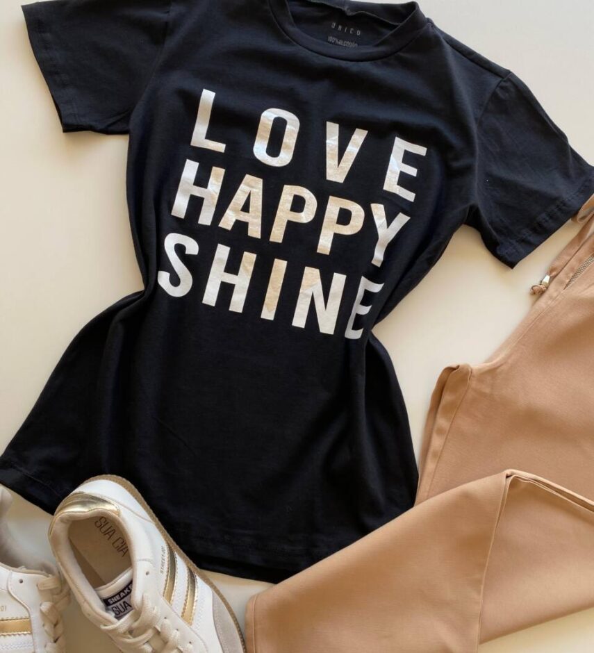 T-shirt Feminina Manga Curta Preta Love Happy Shine - Fernanda Ramos Store