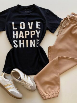 T-shirt Feminina Manga Curta Preta Love Happy Shine - Fernanda Ramos Store