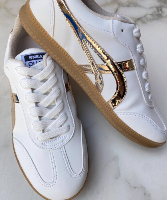 Tênis Feminino Thais Branco com Detalhes em Dourado - Fernanda Ramos Store