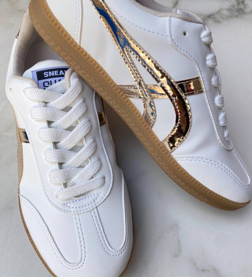 Tênis Feminino Thais Branco com Detalhes em Dourado - Fernanda Ramos Store