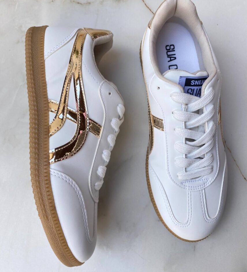 Tênis Feminino Thais Branco com Detalhes em Dourado - Fernanda Ramos Store