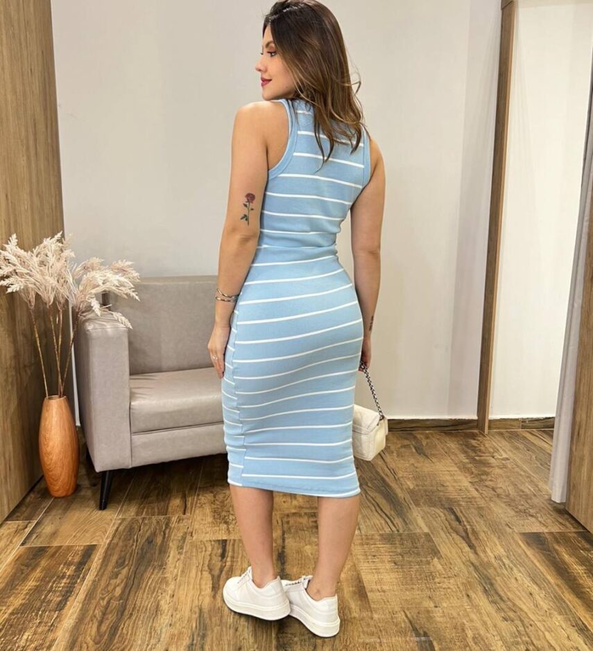 Vestido Curto Laura Canelado sem Bojo Azul Bebe Listrado - Fernanda Ramos Store