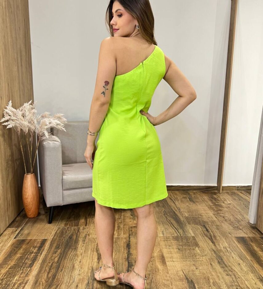 Vestido Curto Luísa sem Bojo Nula Manga Zíper e Fenda Verde Lima - Fernanda Ramos Store