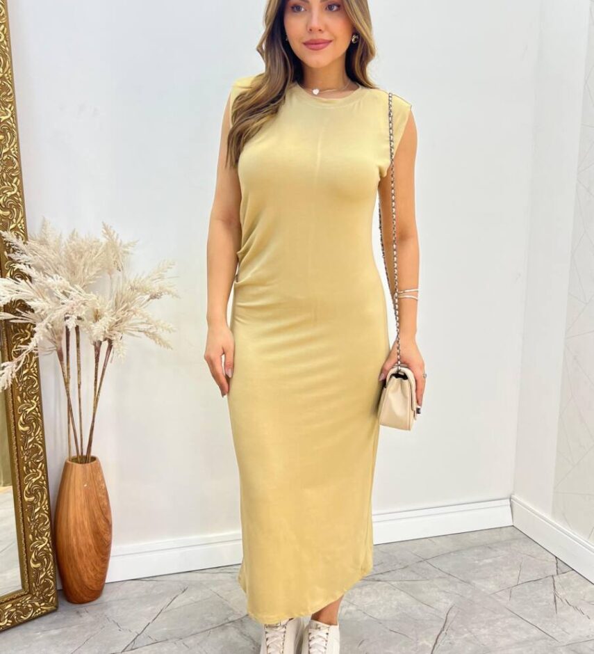 Vestido Feminino Midi Larissa sem Bojo Moletinho Pregas na Lateral Bege - Fernanda Ramos Store