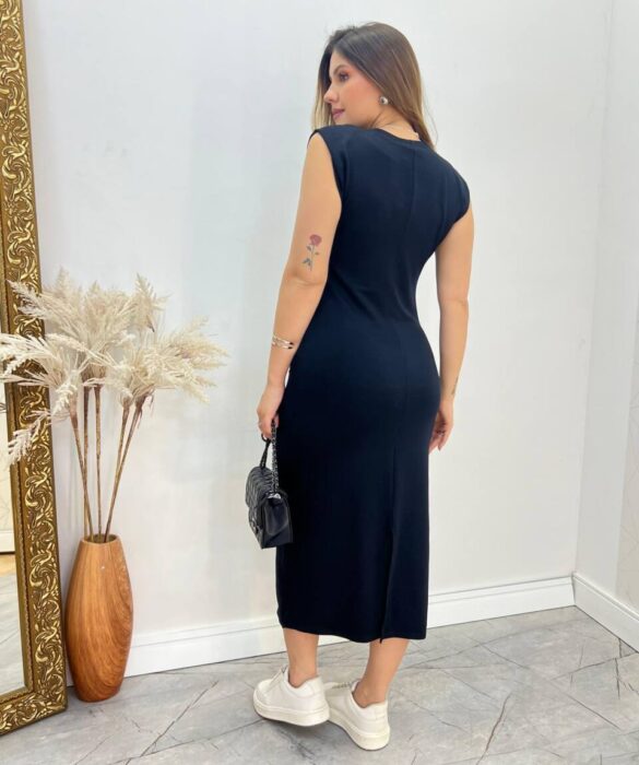 Vestido Feminino Midi Larissa sem Bojo Moletinho Pregas na Lateral Preto - Fernanda Ramos Store