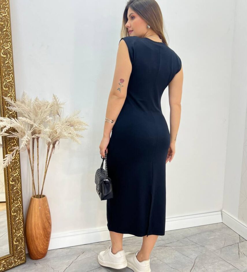 Vestido Feminino Midi Larissa sem Bojo Moletinho Pregas na Lateral Preto - Fernanda Ramos Store