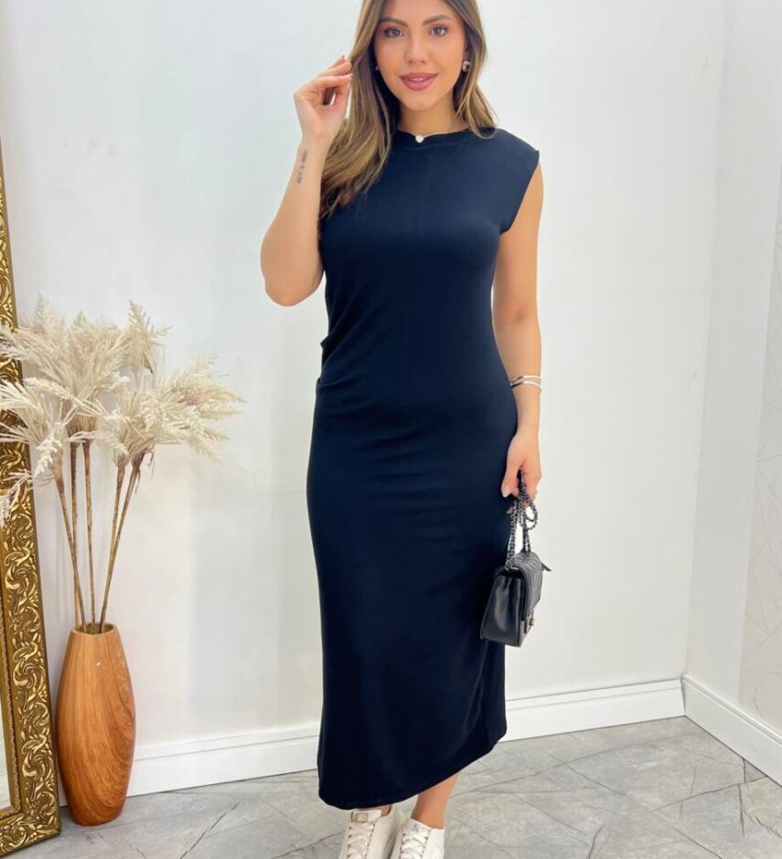 Vestido Feminino Midi Larissa sem Bojo Moletinho Pregas na Lateral Preto - Fernanda Ramos Store