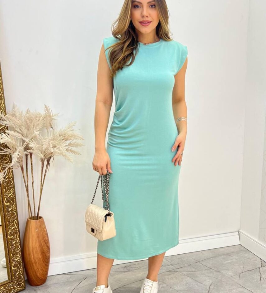 Vestido Feminino Midi Larissa sem Bojo Moletinho Pregas na Lateral Verde - Fernanda Ramos Store