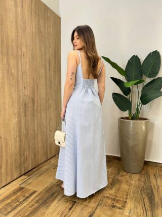 Vestido Longo Bety sem Bojo Alça Regulável Recorte em U Azul Listrado - Fernanda Ramos Store