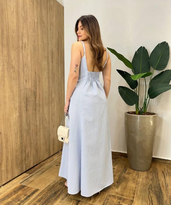 Vestido Longo Bety sem Bojo Alça Regulável Recorte em U Azul Listrado - Fernanda Ramos Store