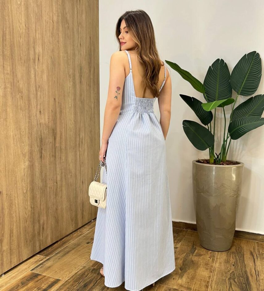 Vestido Longo Bety sem Bojo Alça Regulável Recorte em U Azul Listrado - Fernanda Ramos Store