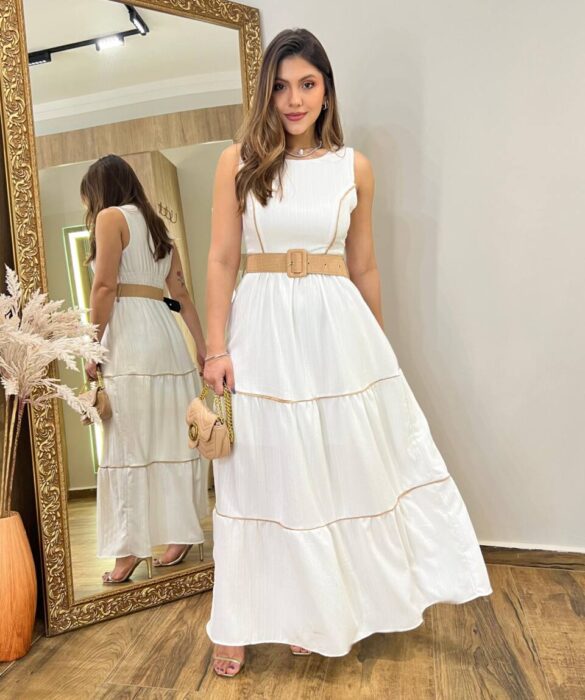 Vestido Longo Bia sem Bojo Branco com Cinto e Detalhes - Fernanda Ramos Store