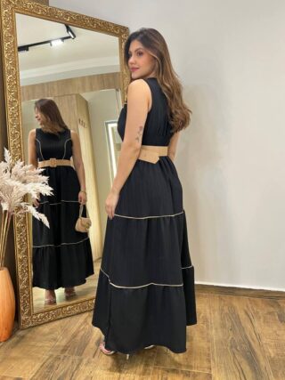 Vestido Longo Bia sem Bojo com Detalhes e Cinto Preto - Fernanda Ramos Store