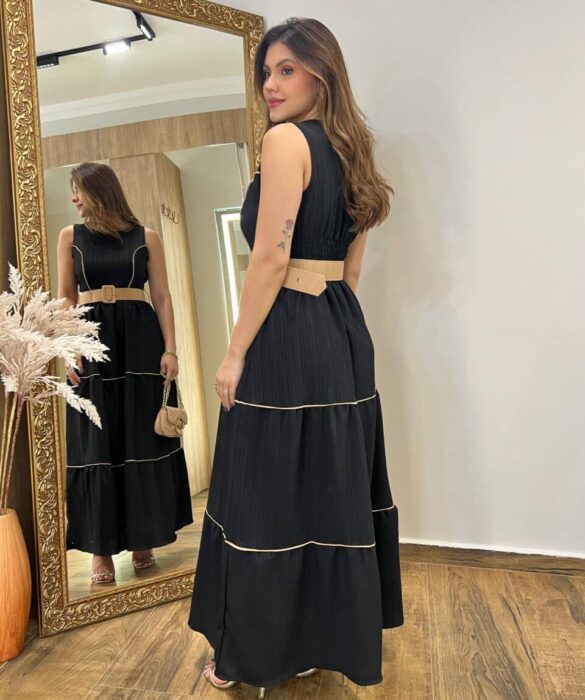 Vestido Longo Bia sem Bojo com Detalhes e Cinto Preto - Fernanda Ramos Store