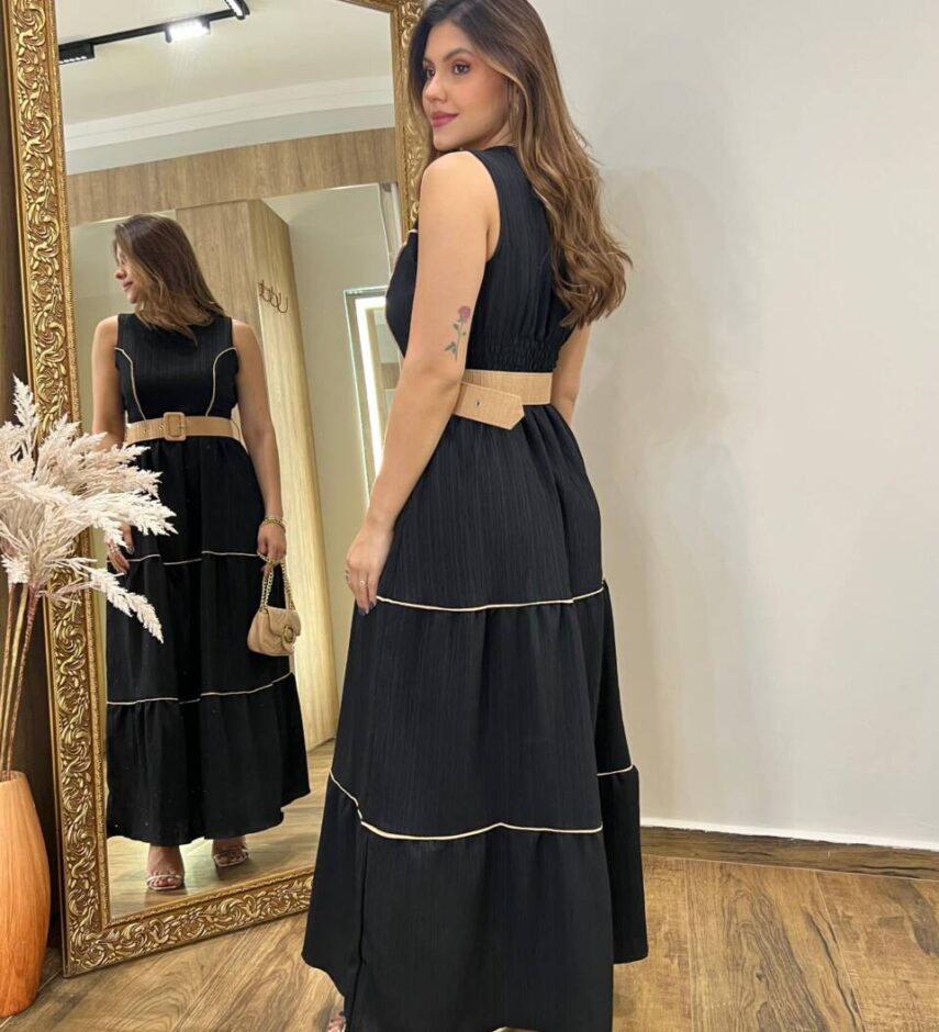 Vestido Longo Bia sem Bojo com Detalhes e Cinto Preto - Fernanda Ramos Store