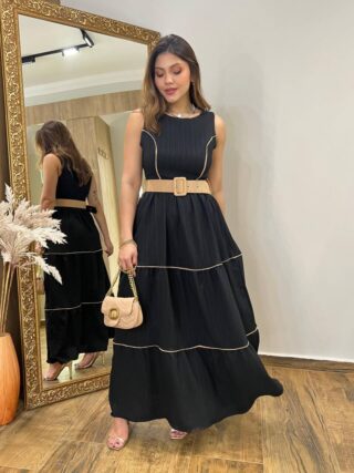 Vestido Longo Bia sem Bojo com Detalhes e Cinto Preto - Fernanda Ramos Store