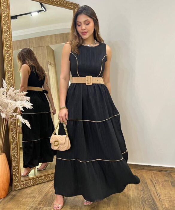 Vestido Longo Bia sem Bojo com Detalhes e Cinto Preto - Fernanda Ramos Store