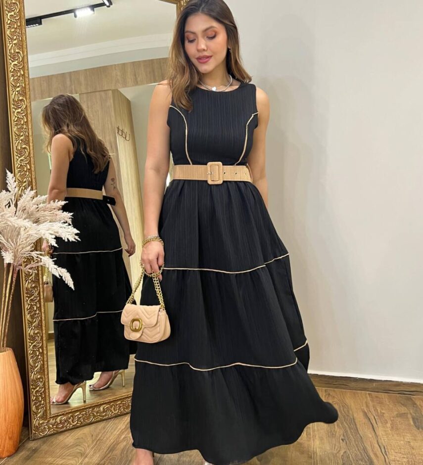 Vestido Longo Bia sem Bojo com Detalhes e Cinto Preto - Fernanda Ramos Store