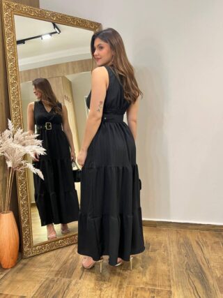 Vestido Longo Bia sem Bojo Preto com Cinto e Detalhes - Fernanda Ramos Store