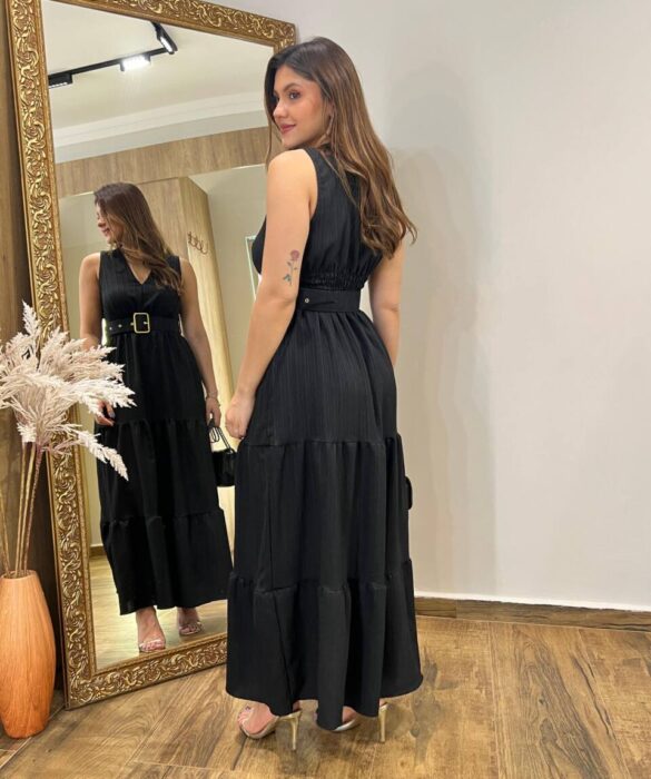 Vestido Longo Bia sem Bojo Preto com Cinto e Detalhes - Fernanda Ramos Store