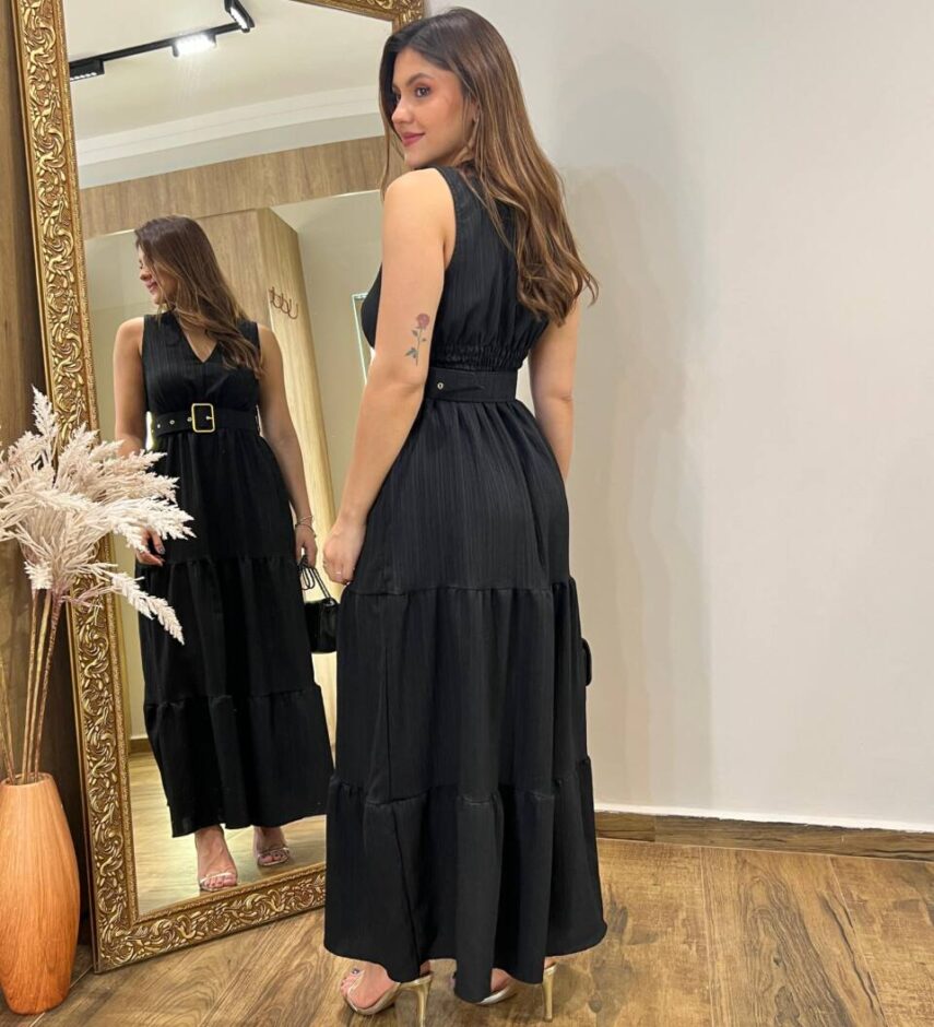 Vestido Longo Bia sem Bojo Preto com Cinto e Detalhes - Fernanda Ramos Store