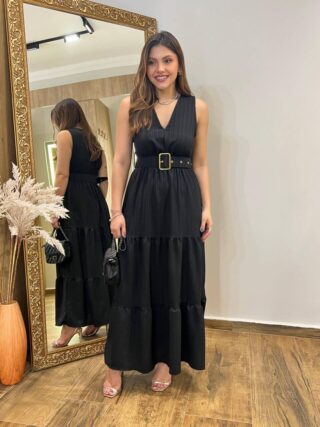 Vestido Longo Bia sem Bojo Preto com Cinto e Detalhes - Fernanda Ramos Store